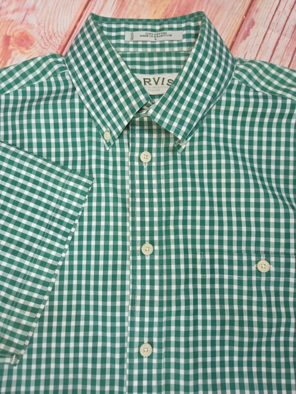 Orvis Green Check Short Sleeve Button-Down Shirt Size Large